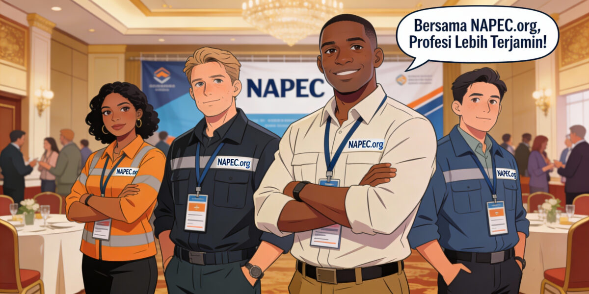 ilustrasi komik asosiasi profesional napec.org, badge anggota, standar kerja, ruang konferensi modern